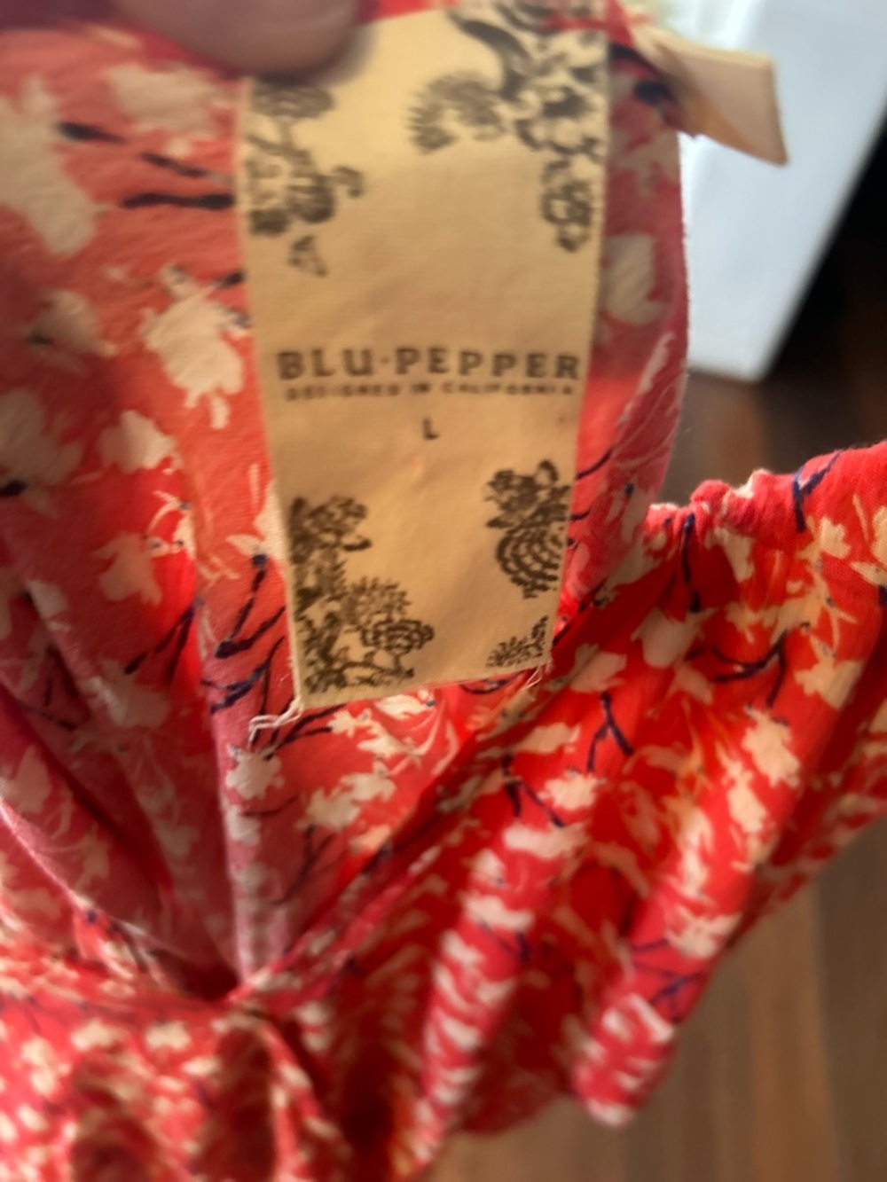Boho, Folklore Blu Pepper Red Floral V-Neck Tie-Hem Blouse - Picture 5 of 7